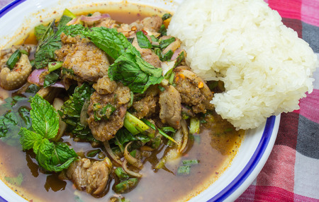 Thai cuisine spicy pork salad and sticky riceの写真素材