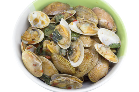 stir fried clams with roasted chili paste and thai sweet basil in the bowl, thai cuisineの写真素材