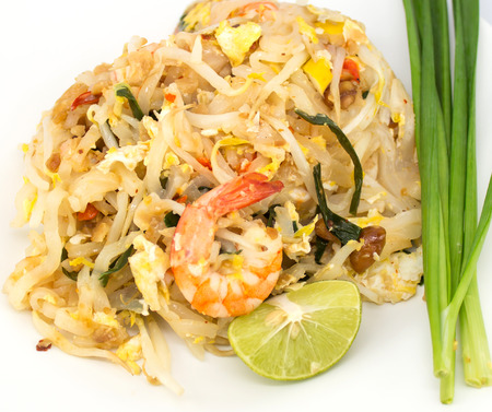 Thai food Pad thai , Stir fry noodles with shrimp on dishの写真素材