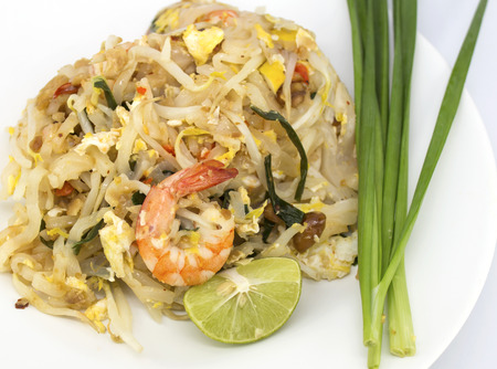 Thai food Pad thai , Stir fry noodles with shrimp on dishの写真素材
