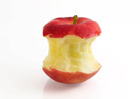 Bite red apple core on a white backgroundの写真素材