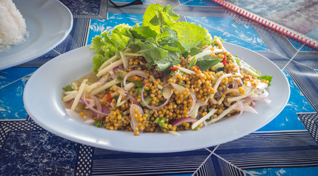 Egg spicy salad with Horseshoe crab with shallots and mint leavesの写真素材