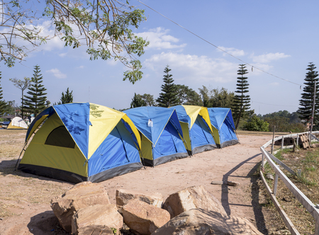 Camping with tent on vacation time. Vintage styleの写真素材