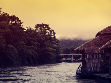 Wooden house float at khwae river  in Thailand Asiaの写真素材