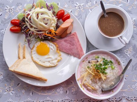 Set breakfast with coffee,fried eggs, sausagesの写真素材