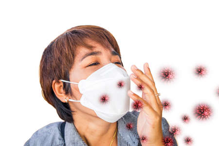 Asian female with protective face mask,She has sneezing on white backgroundの写真素材