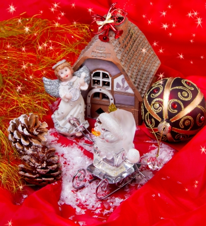 Christmas composition on a red backgroundの写真素材