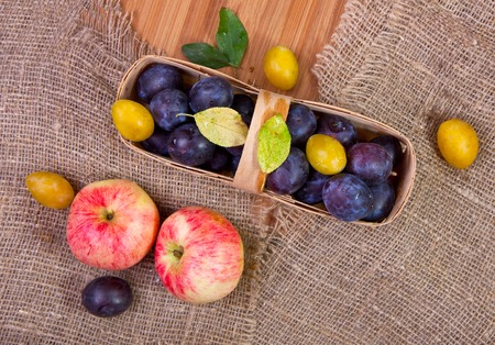 Apples and basket with plumsの写真素材