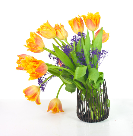 the black vase with orange tulipsの写真素材