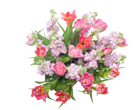 bouquet of pink tulips with hoary stock.の写真素材