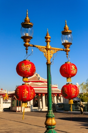 Streetlight with Golden Lamp and Chinese Red Lanternの写真素材