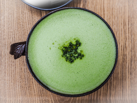 Green tea latte coffee in green tea shop at Osulloc tea museum, Jeju island, South Korea.の写真素材