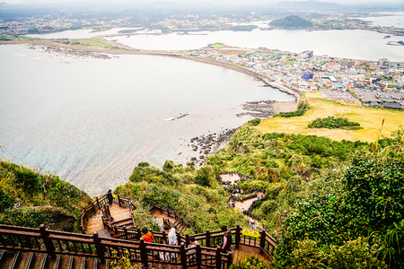View from Seongsan Ilchulbong ("Sunrise Peak"), one of the UNESCO nature tourism site on Jeju Island in South Koreaのeditorial素材