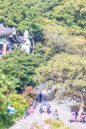 Jeju Island, KOREA - NOVEMBER 12: The tourist visited Sanbanggulsa temple that located on Sanbangsan Mountain. On the way to the cave, with the temple in it you have multiple buildings - 12 NOVEMBER 2016のeditorial素材
