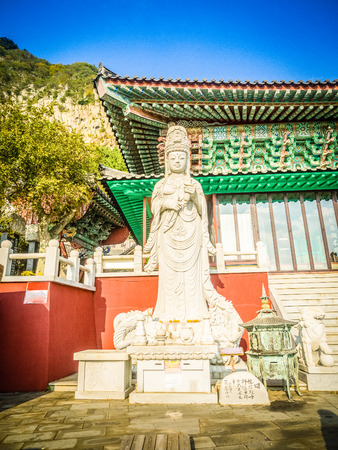 Stone statue of Gwanseeum-bosal at Sanbangsa Temple. Also known as Guanyin or Guanshiyin , is the Goddess of mercy, influenced from Chinese folk religion. Widely worship in the East & South East Asiaのeditorial素材