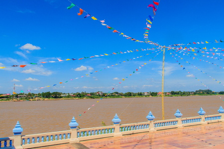 Mekong Riverside Walking Street flag decoration at Nong Khai, Thai-Lao Borderの写真素材