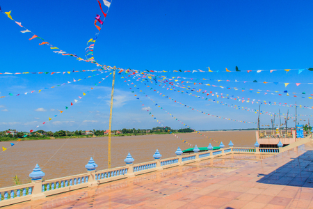 Mekong Riverside Walking Street flag decoration at Nong Khai, Thai-Lao Borderの写真素材