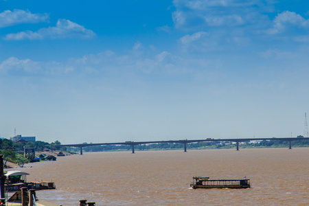 Ship cargo between Thailand - Lao during across Mekong river at Nongkhai Province, Thailand.の写真素材