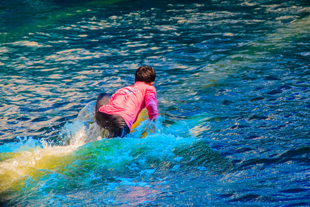 Chanthaburi, Thailand - May 5, 2015: Trainer is riding dolphin shows in the swimming pool at Oasis Sea World, Thai Fantastic Dolphinarium in Chanthaburi ,Thailand.のeditorial素材