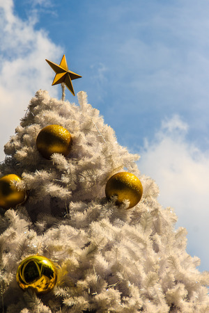 Beautiful Golden star on top of the outdoor white chrismas tree with golden balls recoration, cloud and blue sky backgroundの写真素材