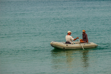 Phuket, Thailand - February 17, 2015: Old ages couple feel happy when sailing with the Beautiful...
