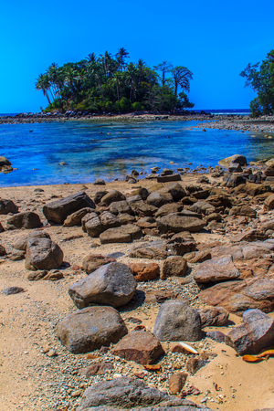 Lonely remote island with rock beach and tree when the sea water receded in blue sky and cloudy day backgroundの写真素材