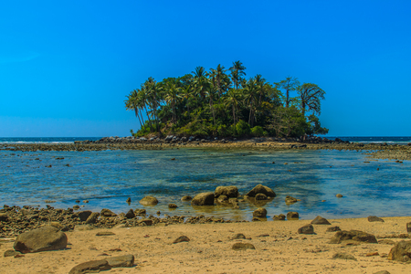 Lonely remote island with rock beach and tree when the sea water receded in blue sky and cloudy day backgroundの写真素材