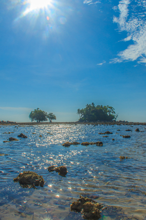 Lonely remote island with rock beach and tree when the sea water receded in blue sky and cloudy day backgroundの写真素材