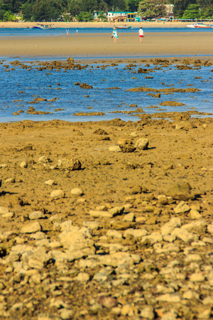 Beautiful rock stones on the beach when the sea water receded with dramatic blue sky background on the cloudy day.の写真素材
