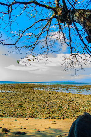 Beautiful rock stones on the beach when the sea water receded with dramatic blue sky background on the cloudy day.の写真素材