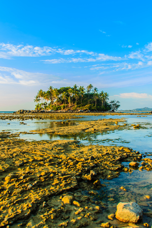 Lonely remote island with rock beach and tree when the sea water receded in blue sky and cloudy day backgroundの写真素材
