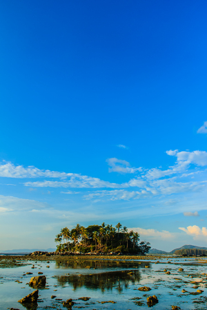 Lonely remote island with rock beach and tree when the sea water receded in blue sky and cloudy day backgroundの写真素材