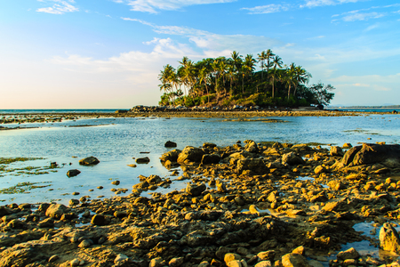 Lonely remote island with rock beach and tree when the sea water receded in blue sky and cloudy day backgroundの写真素材