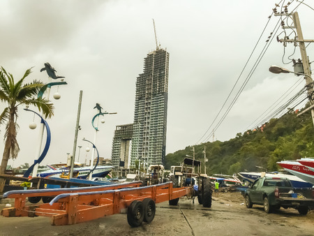 Pattaya, Thailand - January 21, 2016: The new highrise buildings obscured the beautiful of Pattaya bay view on Pratamnak Hill nearby Balihai pier in Pattaya,Thailand. Pattaya city is famous about sea sport and night life entertainment.のeditorial素材