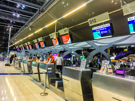 Bangkok, Thailand - November 20, 2015: Passengers arrive at Suvarnabhumi Airport to check-in for late flights at approximately 0400 hours. The airport handles 45 million passengers annually.のeditorial素材