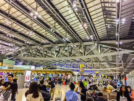Bangkok, Thailand - November 20, 2015: Passengers arrive at Suvarnabhumi Airport to check-in for late flights at approximately 0400 hours. The airport handles 45 million passengers annually.のeditorial素材