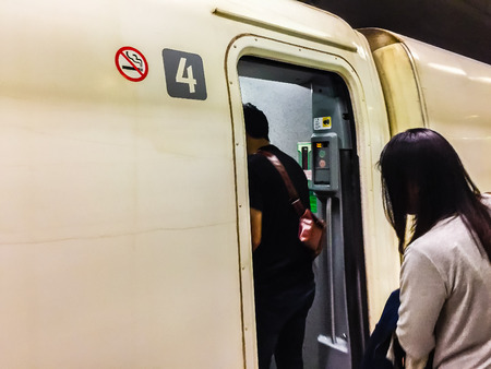 Taoyuan, Taiwan - November 20, 2015: View at the platform of Taiwan High Speed Rail (HSR) Taoyuan Station. The high speed railway has become the most important transportation that runs approximately 345 km along the west coast of Taiwan.のeditorial素材