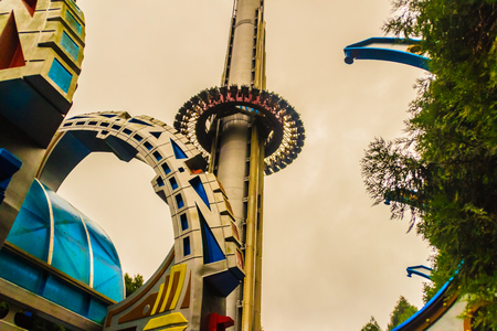 Nantou, Taiwan - November 21, 2015: Joy to the World in Formosan Aboriginal Culture Village has the latest water roller coaster âCaribbean Adventureâ, Taiwanâs tallest âUFO Freefallâ, and a wide range of indoor rides like âAladdin Squareâ whのeditorial素材