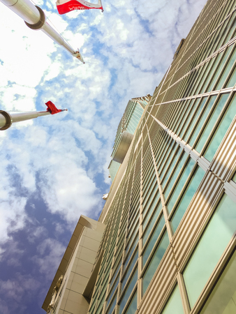 Taipei, Taiwan - November 22, 2015: Taipei 101 tower, view from the front of the tower, looking up.