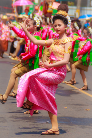 Det Udom, Ubon Ratchathani, Thailand - April 13, 2015: Beautiful Parade and Dancing Shows in Songkran Festival Celebration. The Songkran festival is Thai New Year's festival on 13th April every year.のeditorial素材