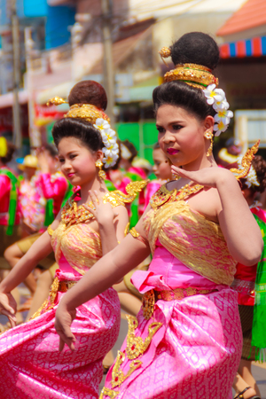 Det Udom, Ubon Ratchathani, Thailand - April 13, 2015: Beautiful Parade and Dancing Shows in Songkran Festival Celebration. The Songkran festival is Thai New Year's festival on 13th April every year.のeditorial素材
