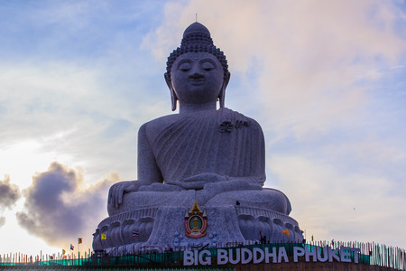 Amazing Massive white marble Buddha statue, the famous tourist attraction on top of hill in Phuket, Thailand.の写真素材