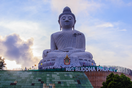 Amazing Massive white marble Buddha statue, the famous tourist attraction on top of hill in Phuket, Thailand.の写真素材