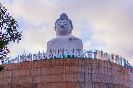 Amazing Massive white marble Buddha statue, the famous tourist attraction on top of hill in Phuket, Thailand.のeditorial素材