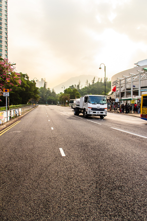Lantau Island, Hong Kong - November 14, 2014: Hong Kong street view that no more car on the road and no traffic jam nearby Tung Chung cable car station in Lantau Island, Hong Kong.のeditorial素材