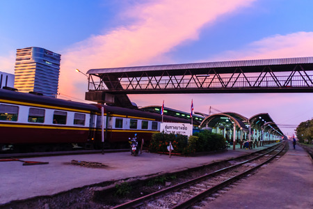 BANGKOK , THAILAND - January 28, 2017: Beautiful of Bangsue Junction Train station on the evening in blue and orange sky background.のeditorial素材