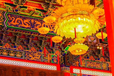 Beautiful Chinese lantern hanging on the ceiling at Chinese temple, Wat Leng -Noei-yi 2, Nonthaburi, Thailandの写真素材