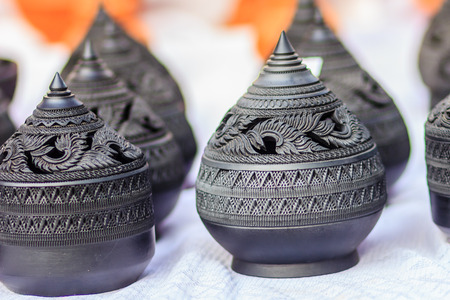 Beautiful traditional Thai black porcelain ceramic bowls for aroma therapy spa for sale in the flea market , Thailand.の写真素材