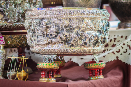 Beautiful Ancient Thai genuine silver bowl, retro engraved silverware, Beautiful genuine silver bowl handicrafts of Thailandの写真素材