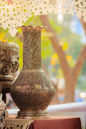 Beautiful Ancient Thai genuine silver jar, retro engraved silverware, Beautiful genuine silver jar handicrafts of Thailandの写真素材